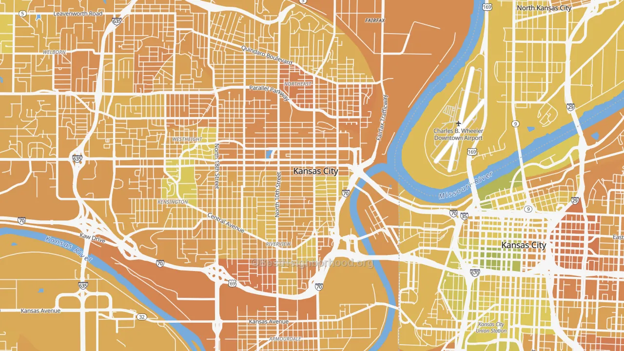 Map of the best neighborhoods in the 66101 area, with better matches in green and worse matches in red