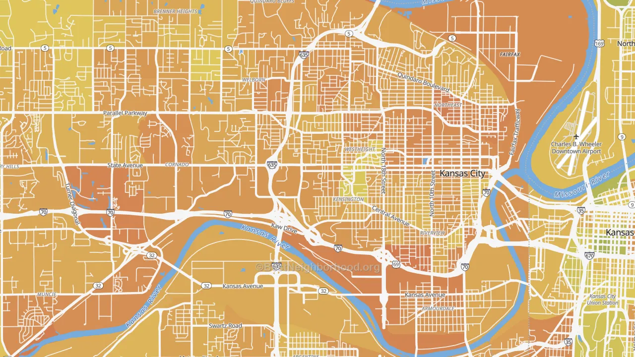 Map of the best neighborhoods in the 66102 area, with better matches in green and worse matches in red