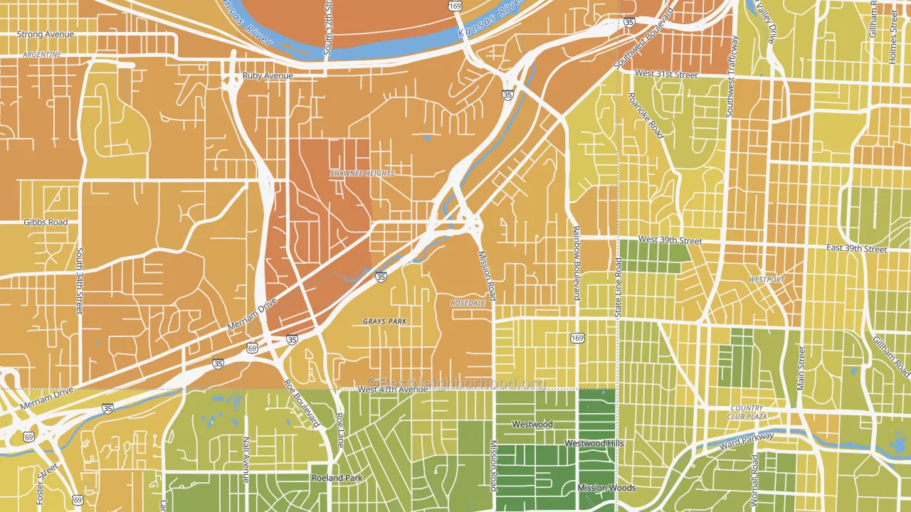 Map of the best neighborhoods in the 66103 area, with better matches in green and worse matches in red