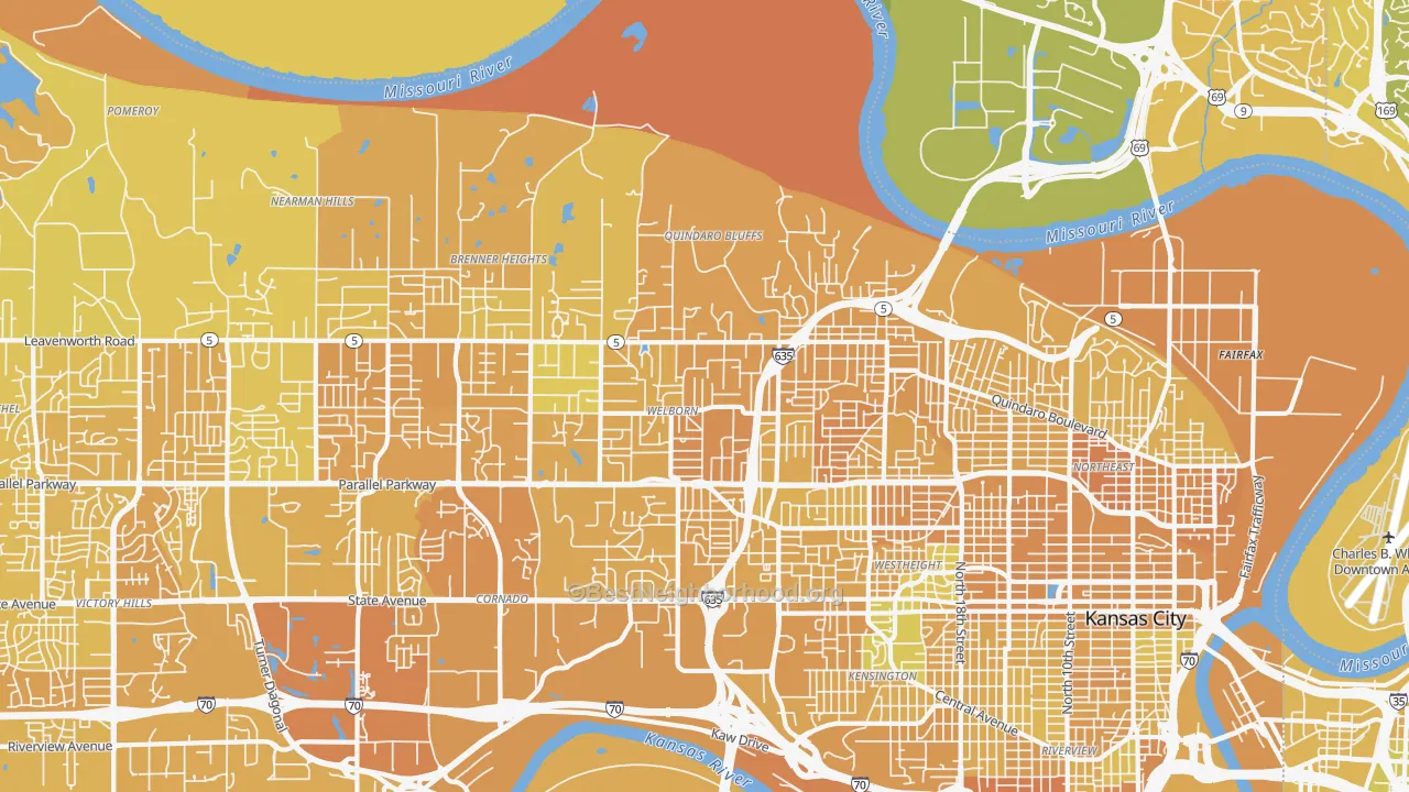 Map of the best neighborhoods in the 66104 area, with better matches in green and worse matches in red