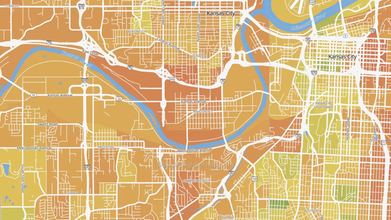 Map of the best neighborhoods in the 66105 area, with better matches in green and worse matches in red