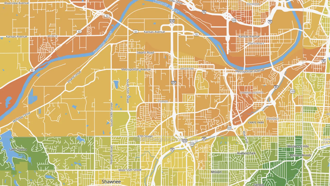 Map of the best neighborhoods in the 66106 area, with better matches in green and worse matches in red
