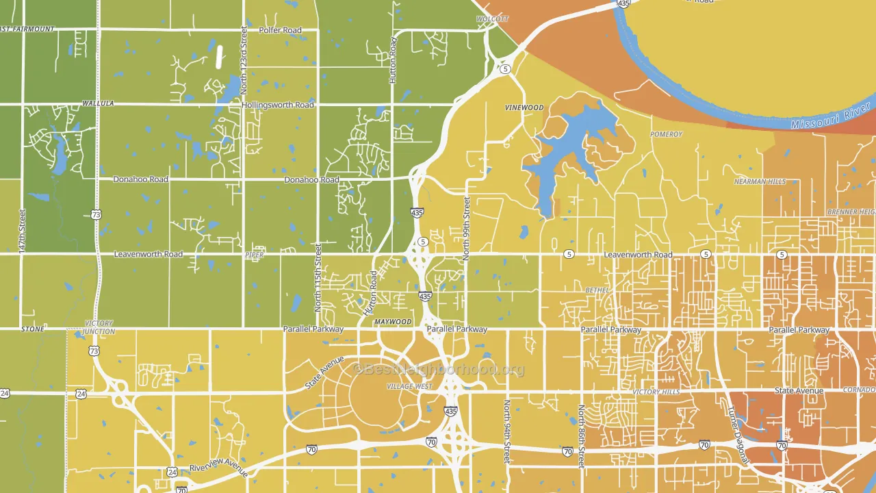 Map of the best neighborhoods in the 66109 area, with better matches in green and worse matches in red