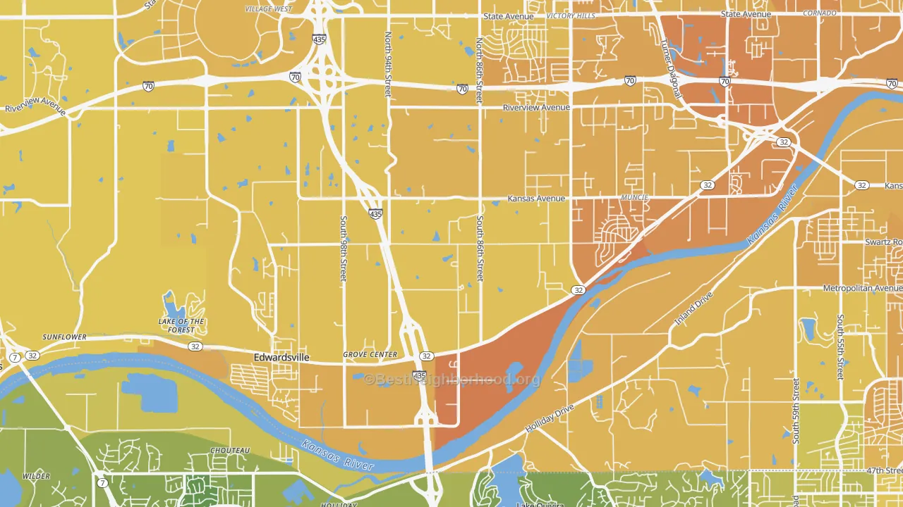 Map of the best neighborhoods in the 66111 area, with better matches in green and worse matches in red