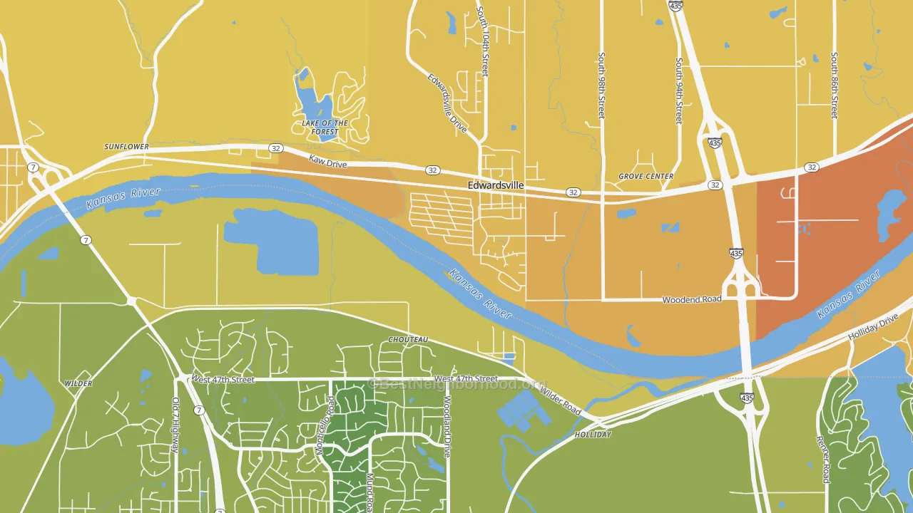 Map of the best neighborhoods in the 66113 area, with better matches in green and worse matches in red