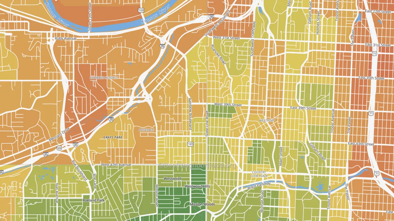 Map of the best neighborhoods in the 66160 area, with better matches in green and worse matches in red