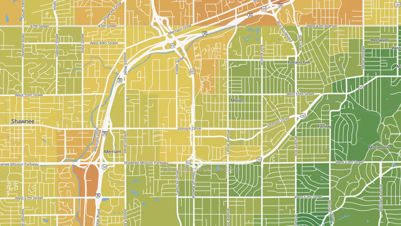 Map of the best neighborhoods in the 66202 area, with better matches in green and worse matches in red