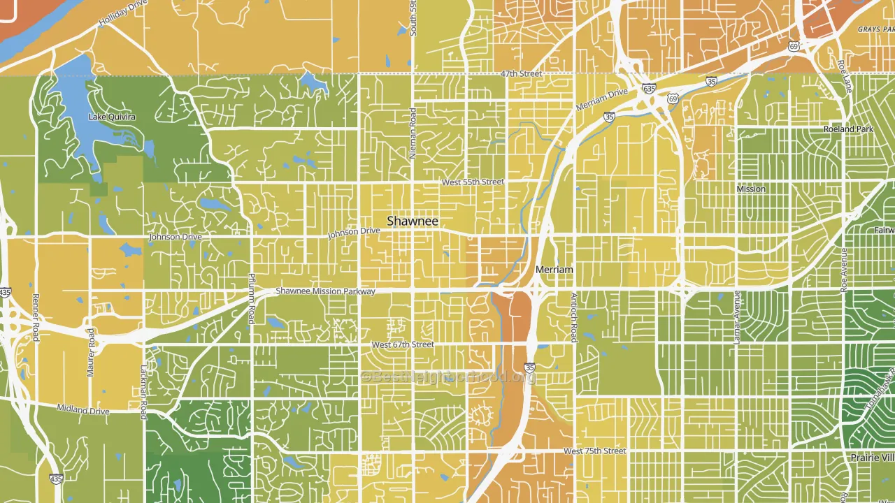 Map of the best neighborhoods in the 66203 area, with better matches in green and worse matches in red