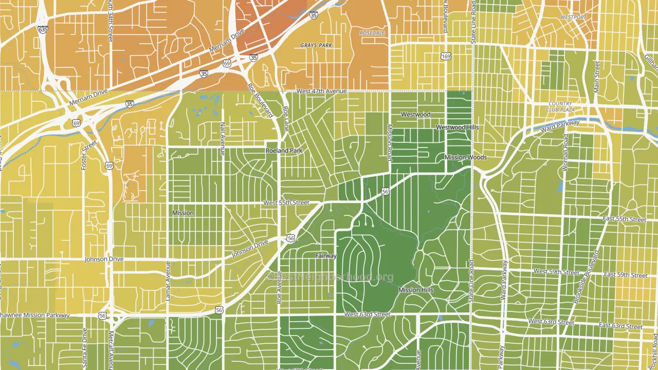 Map of the best neighborhoods in the 66205 area, with better matches in green and worse matches in red
