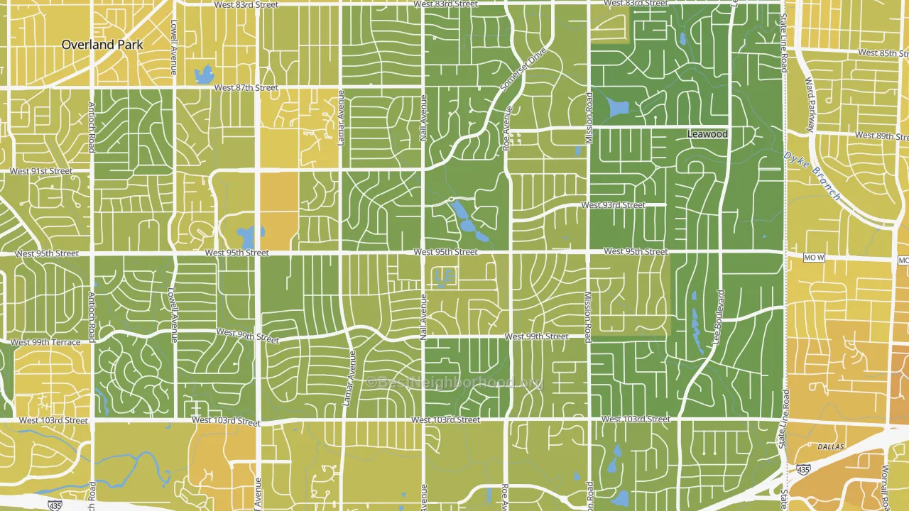 Map of the best neighborhoods in the 66207 area, with better matches in green and worse matches in red