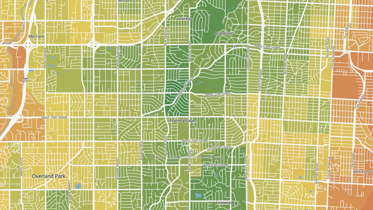 Map of the best neighborhoods in the 66208 area, with better matches in green and worse matches in red