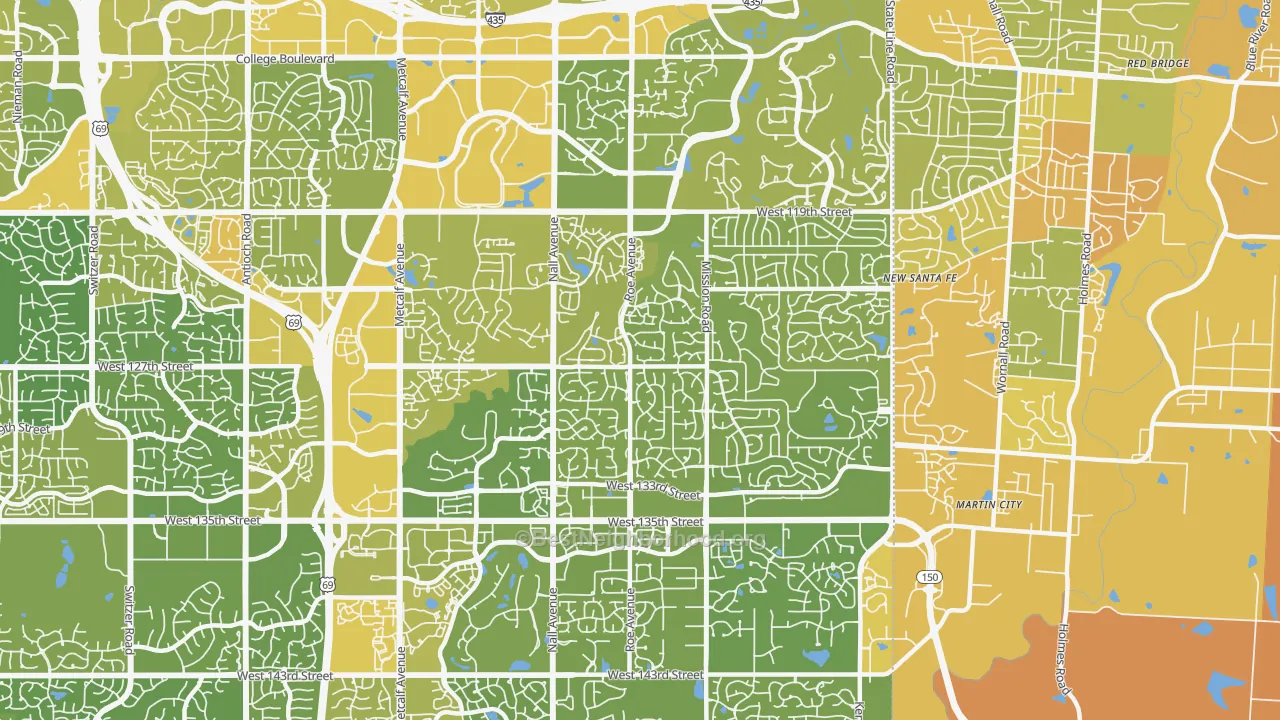 Map of the best neighborhoods in the 66209 area, with better matches in green and worse matches in red