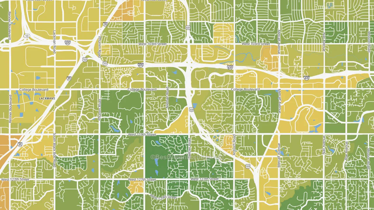 Map of the best neighborhoods in the 66210 area, with better matches in green and worse matches in red