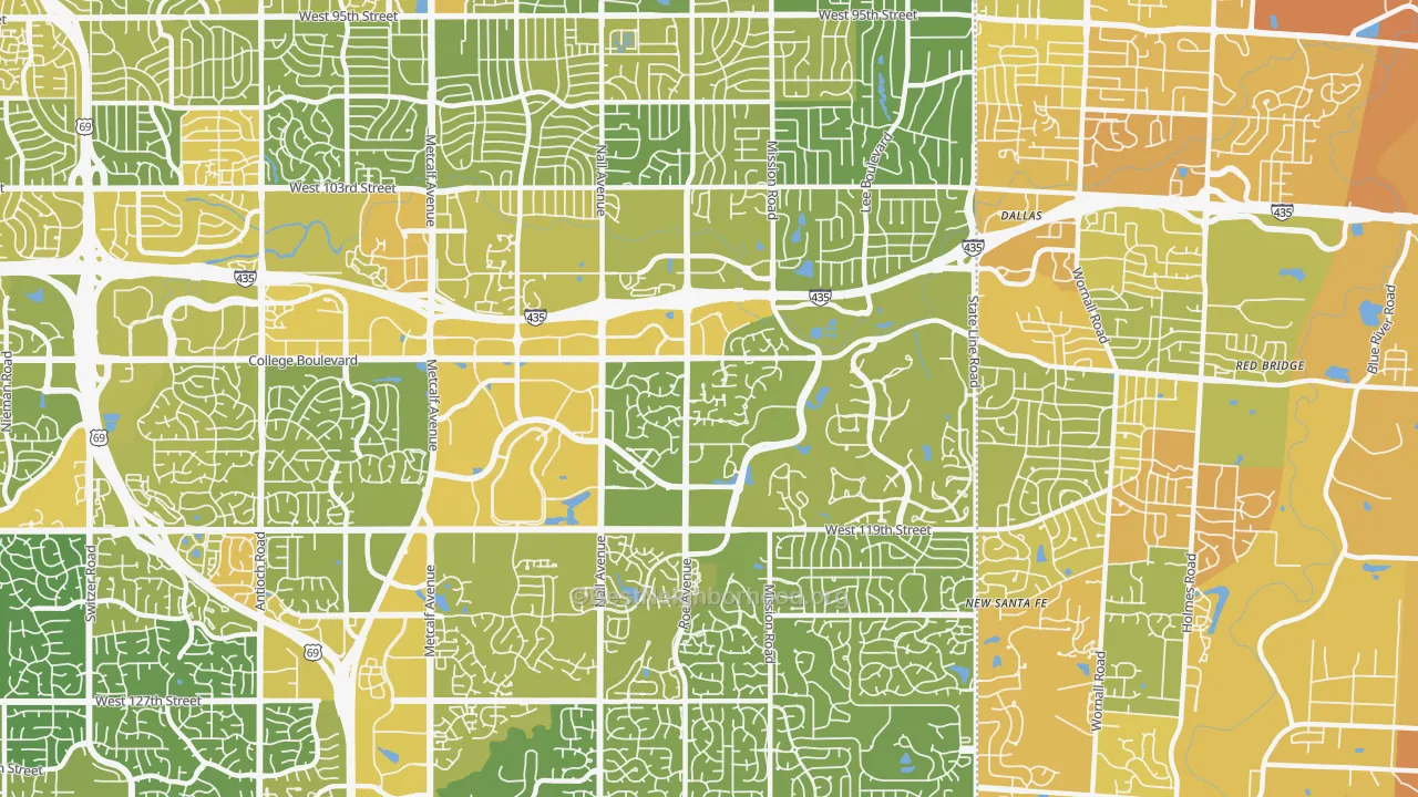 Map of the best neighborhoods in the 66211 area, with better matches in green and worse matches in red