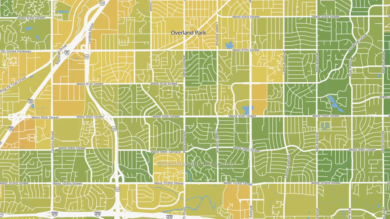 Map of the best neighborhoods in the 66212 area, with better matches in green and worse matches in red