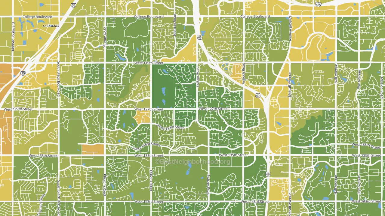 Map of the best neighborhoods in the 66213 area, with better matches in green and worse matches in red