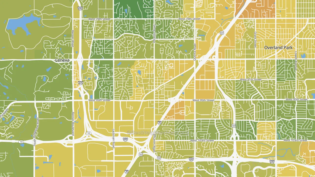 Map of the best neighborhoods in the 66215 area, with better matches in green and worse matches in red
