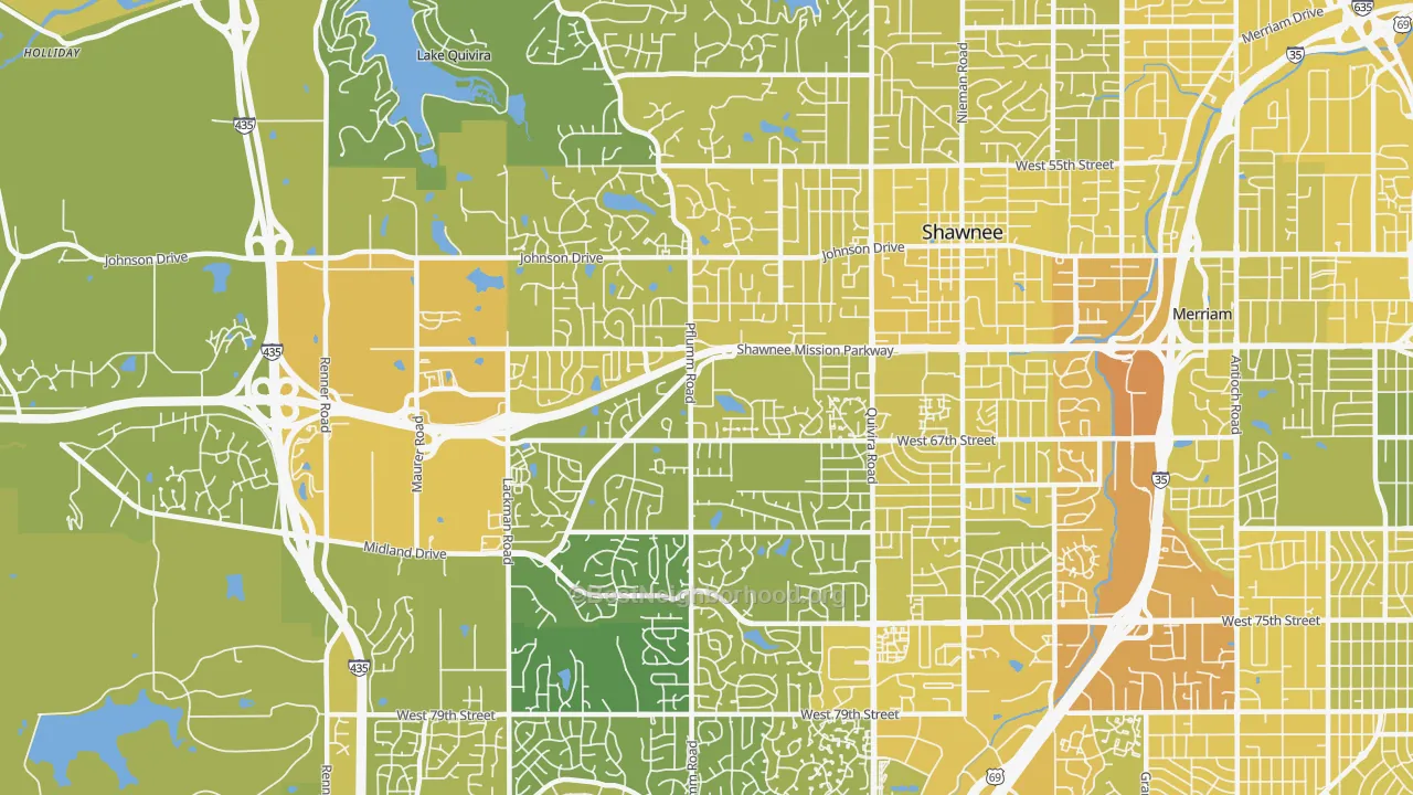 Map of the best neighborhoods in the 66216 area, with better matches in green and worse matches in red