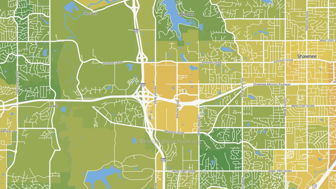 Map of the best neighborhoods in the 66217 area, with better matches in green and worse matches in red