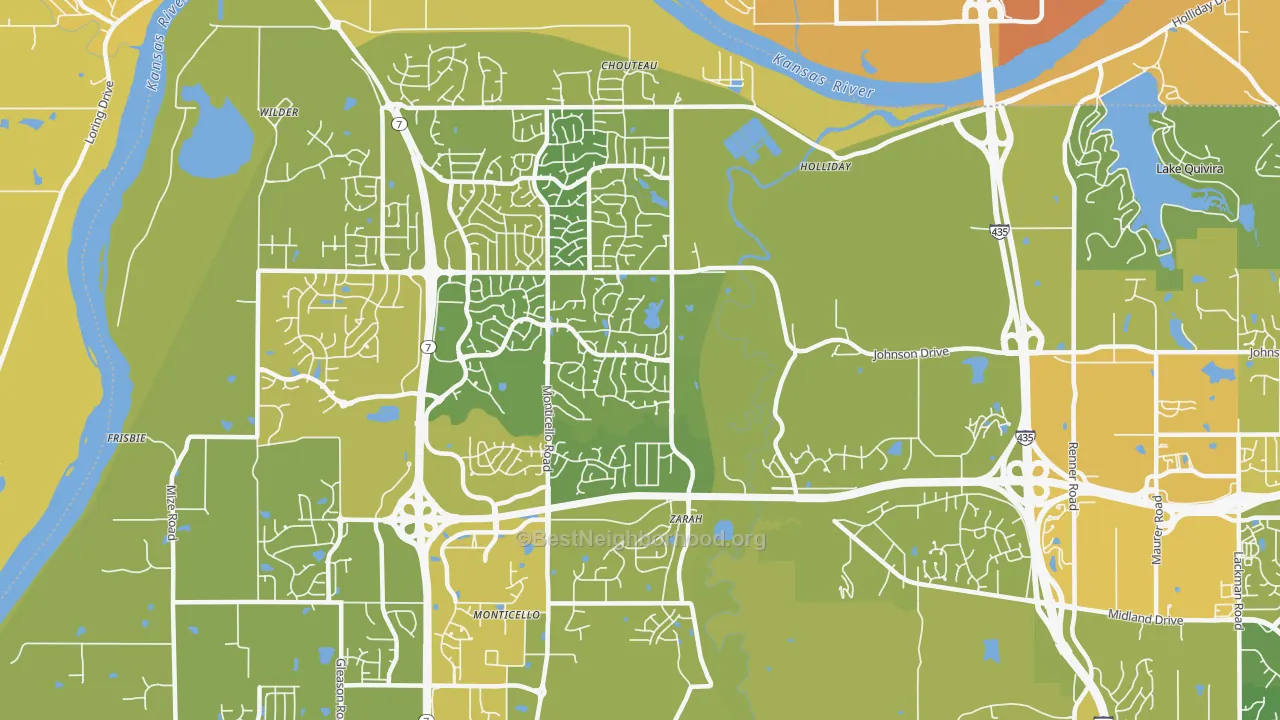 Map of the best neighborhoods in the 66218 area, with better matches in green and worse matches in red