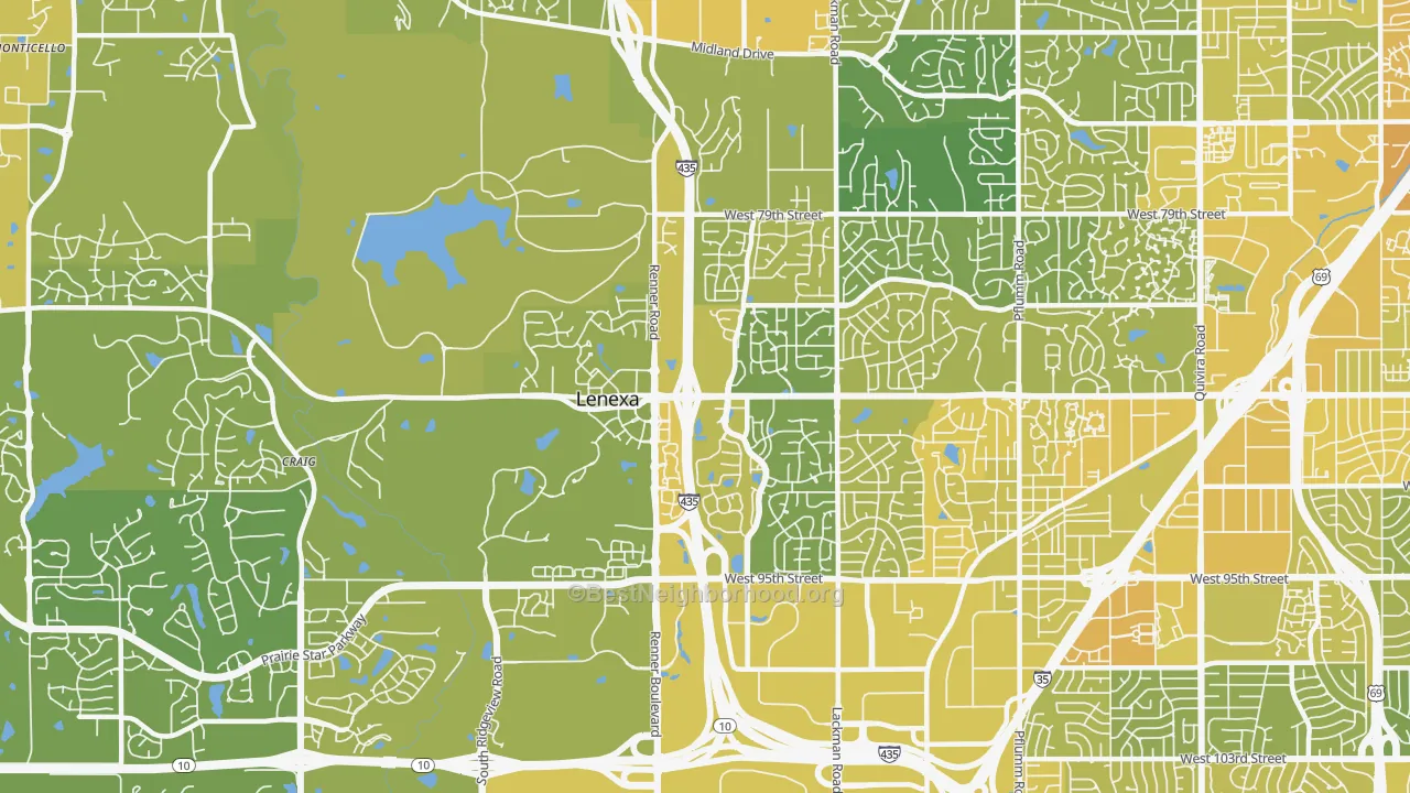 Map of the best neighborhoods in the 66219 area, with better matches in green and worse matches in red