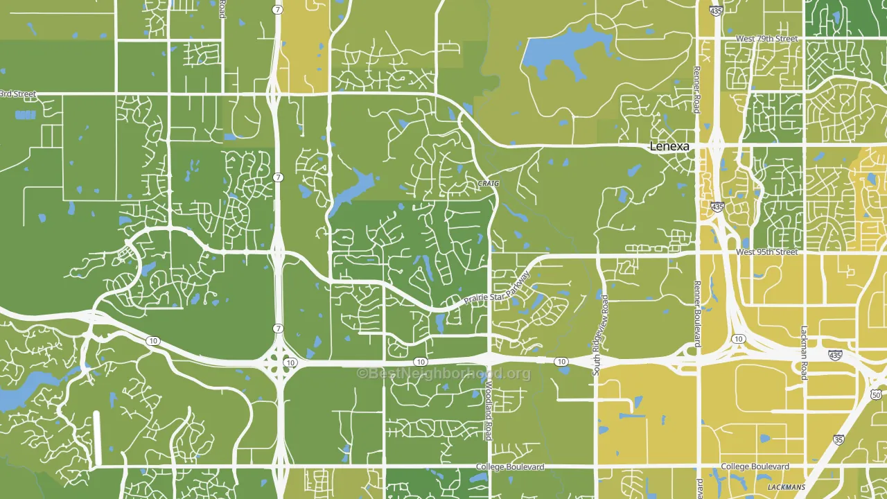 Map of the best neighborhoods in the 66220 area, with better matches in green and worse matches in red