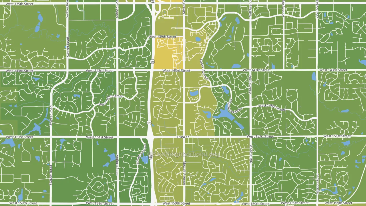 Map of the best neighborhoods in the 66223 area, with better matches in green and worse matches in red