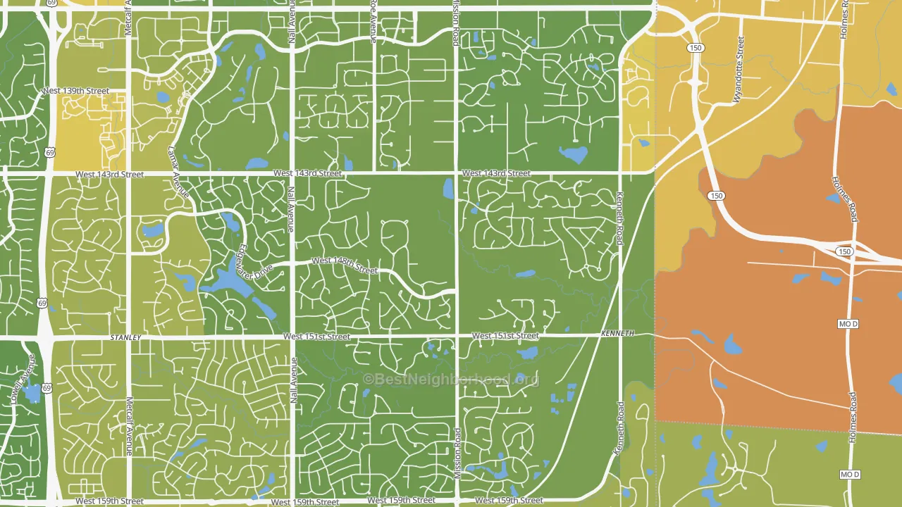 Map of the best neighborhoods in the 66224 area, with better matches in green and worse matches in red
