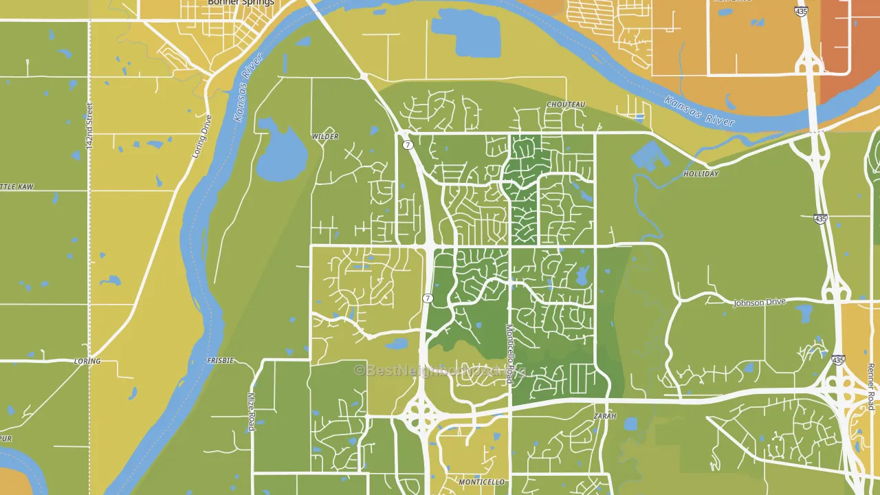 Map of the best neighborhoods in the 66226 area, with better matches in green and worse matches in red