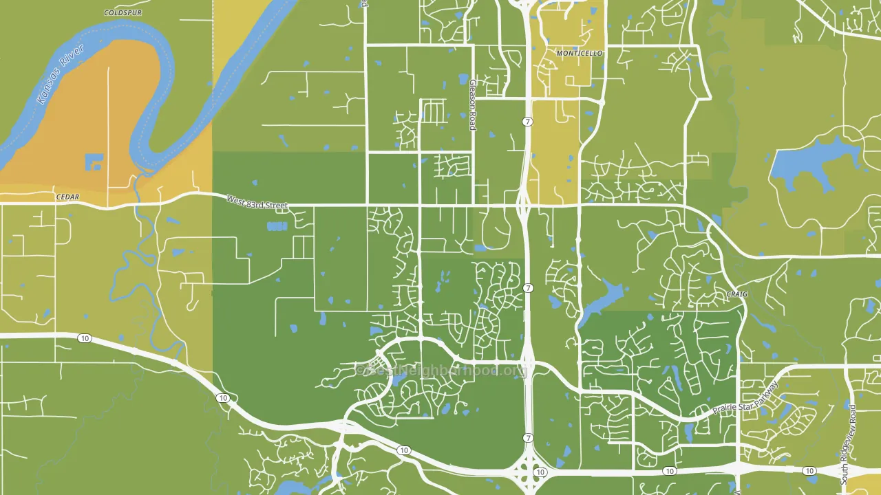 Map of the best neighborhoods in the 66227 area, with better matches in green and worse matches in red