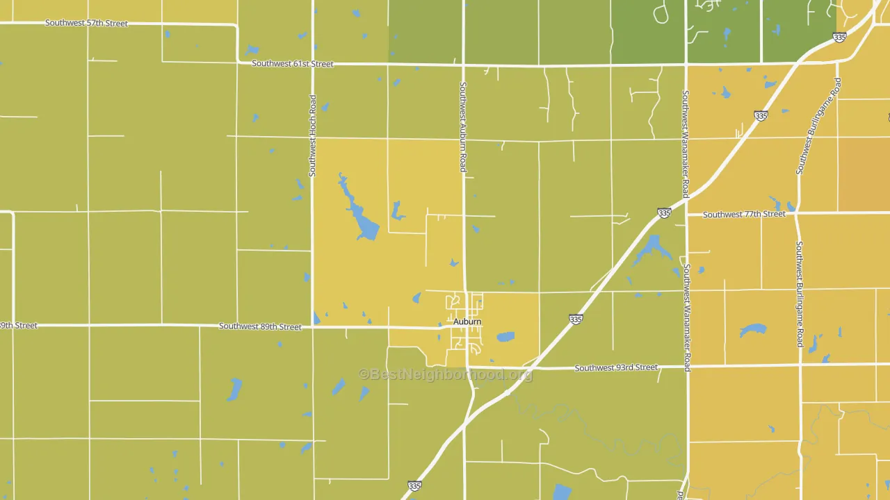 Map of the best neighborhoods in the 66402 area, with better matches in green and worse matches in red