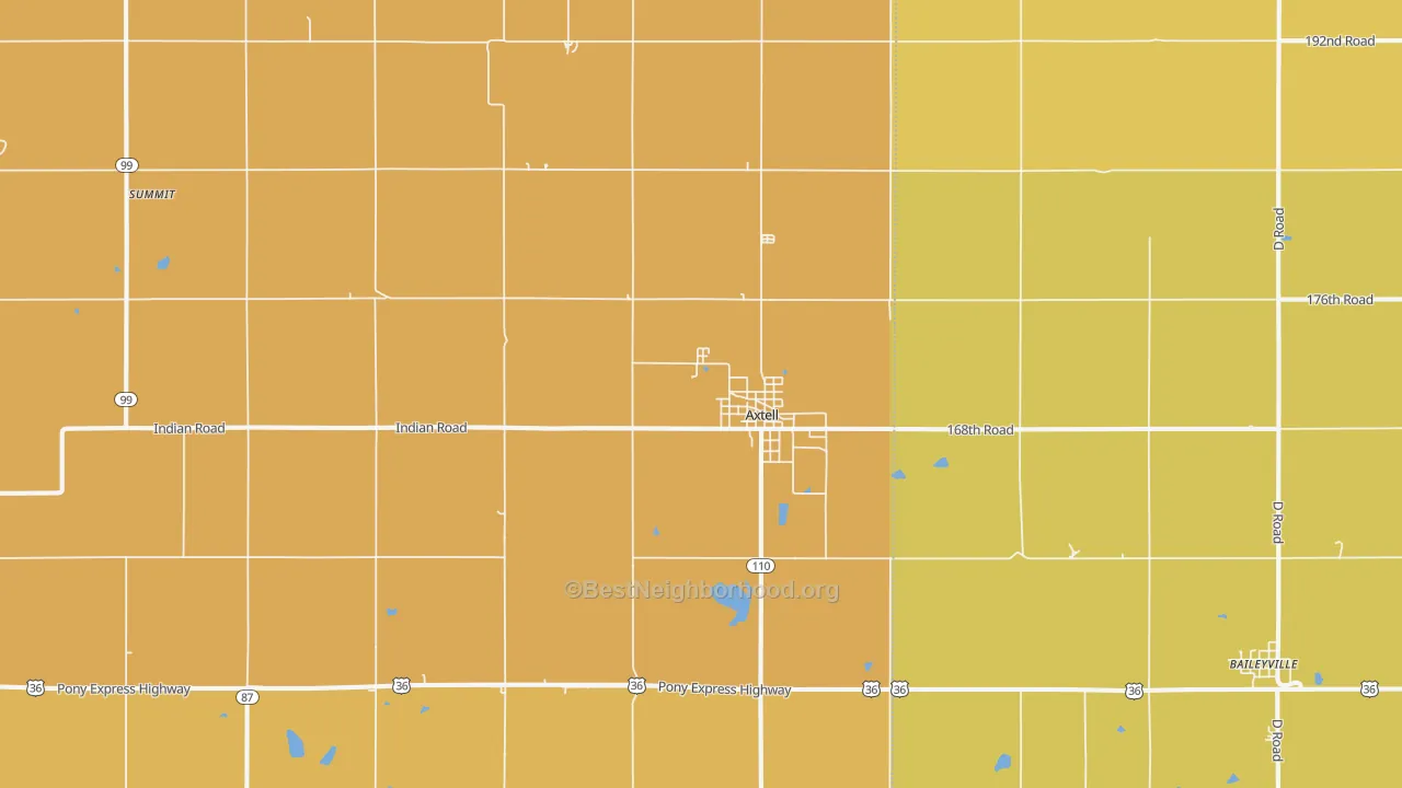 Map of the best neighborhoods in the 66403 area, with better matches in green and worse matches in red