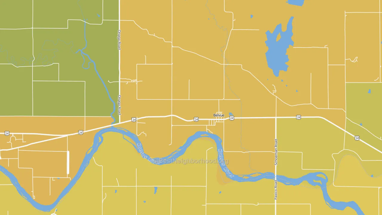 Map of the best neighborhoods in the 66407 area, with better matches in green and worse matches in red