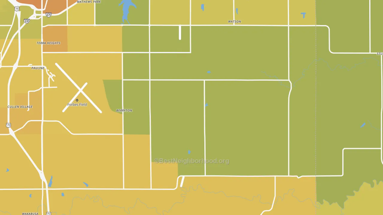 Map of the best neighborhoods in the 66409 area, with better matches in green and worse matches in red