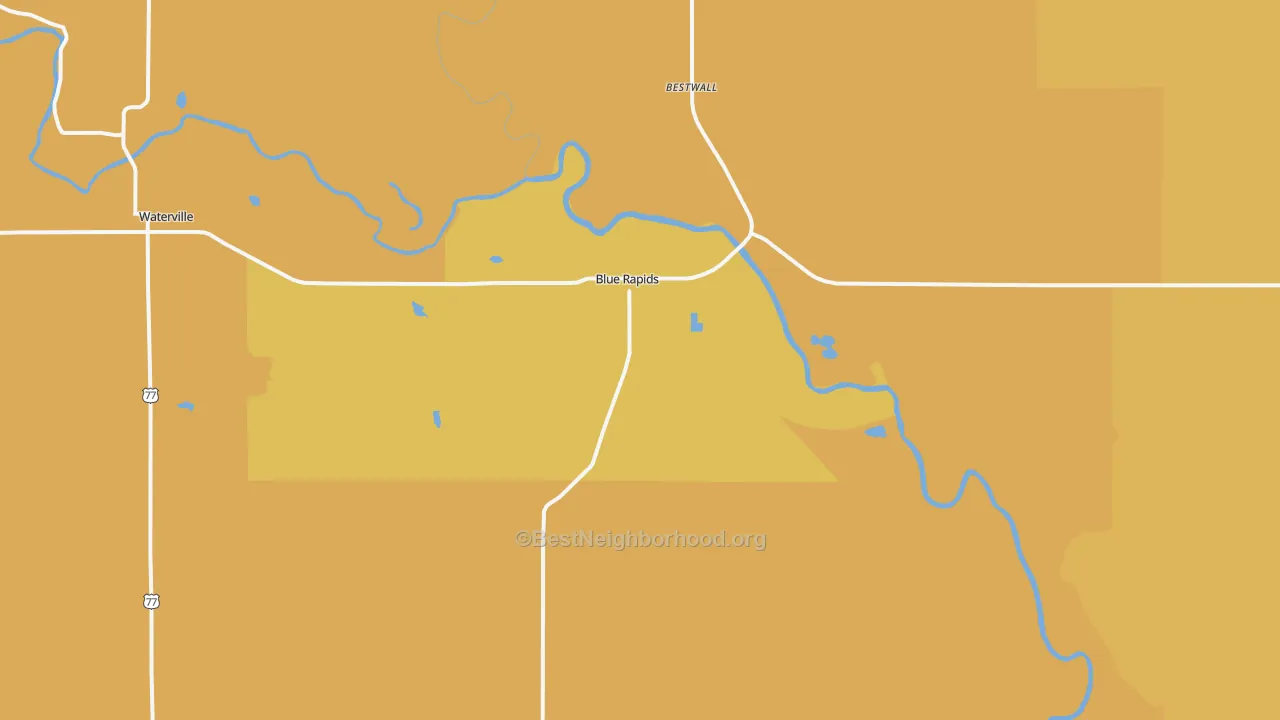 Map of the best neighborhoods in the 66411 area, with better matches in green and worse matches in red