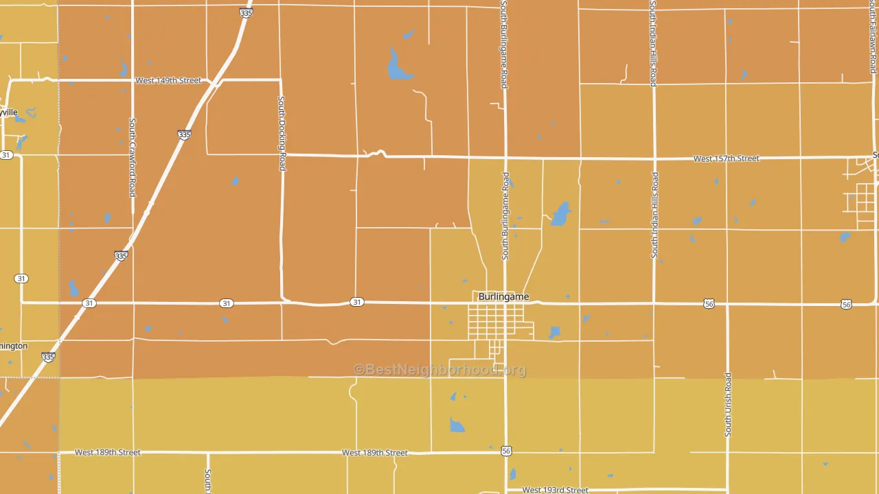 Map of the best neighborhoods in the 66413 area, with better matches in green and worse matches in red