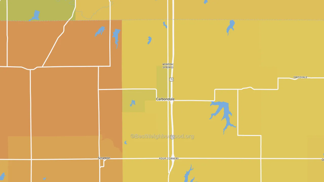 Map of the best neighborhoods in the 66414 area, with better matches in green and worse matches in red
