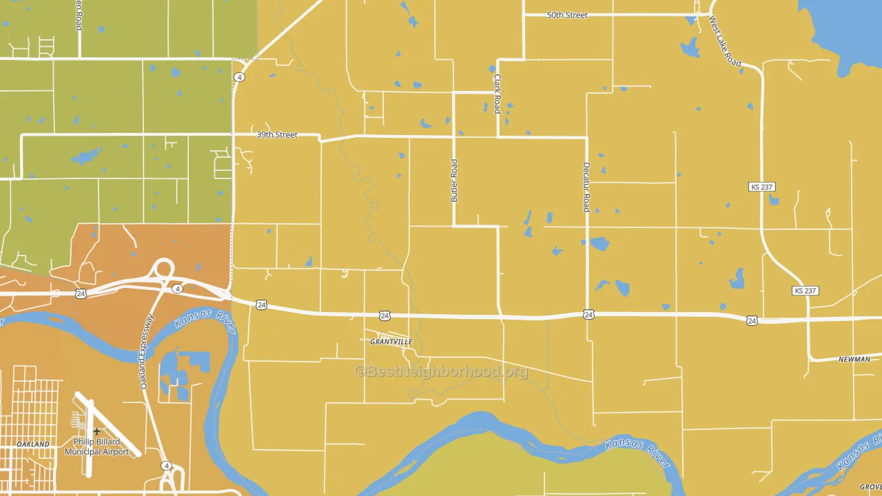 Map of the best neighborhoods in the 66429 area, with better matches in green and worse matches in red