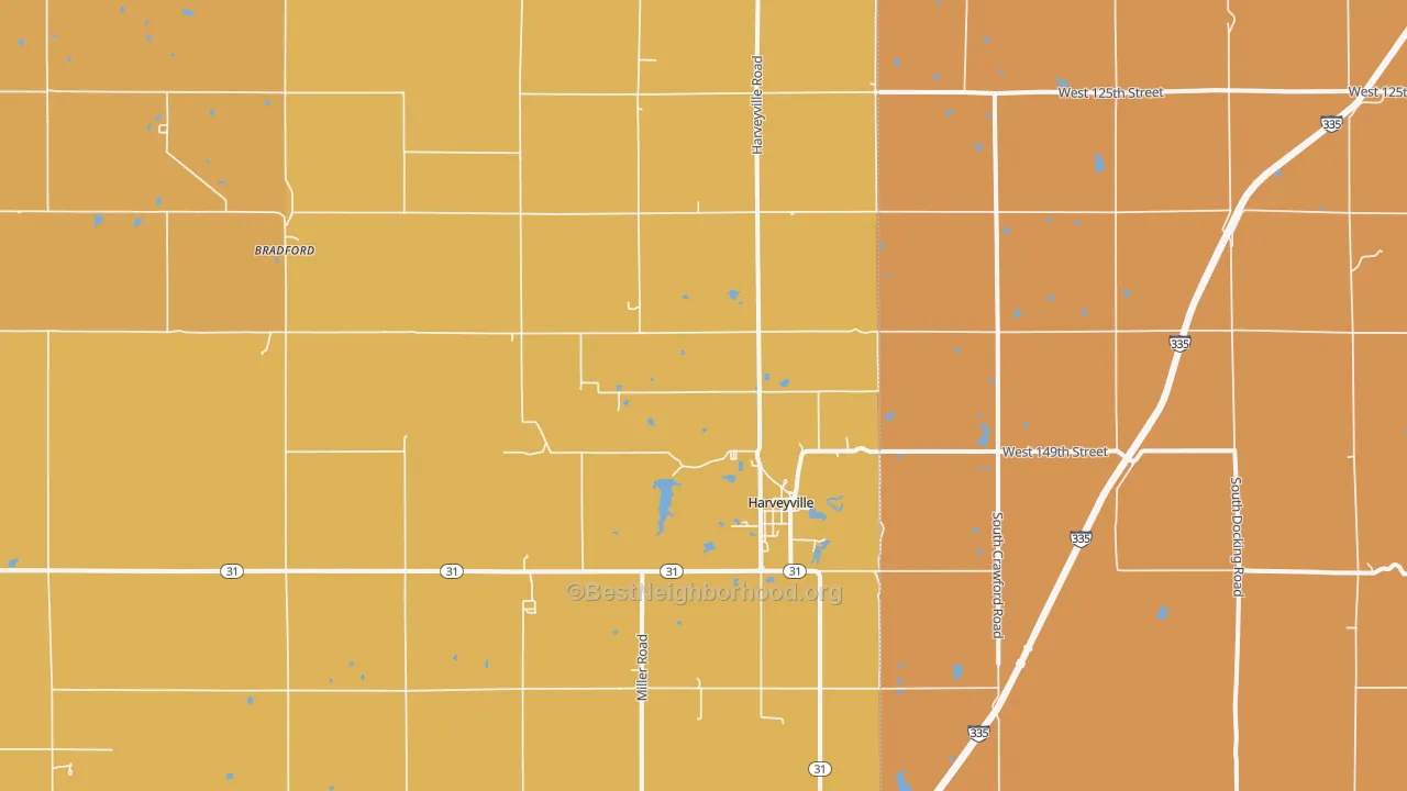 Map of the best neighborhoods in the 66431 area, with better matches in green and worse matches in red
