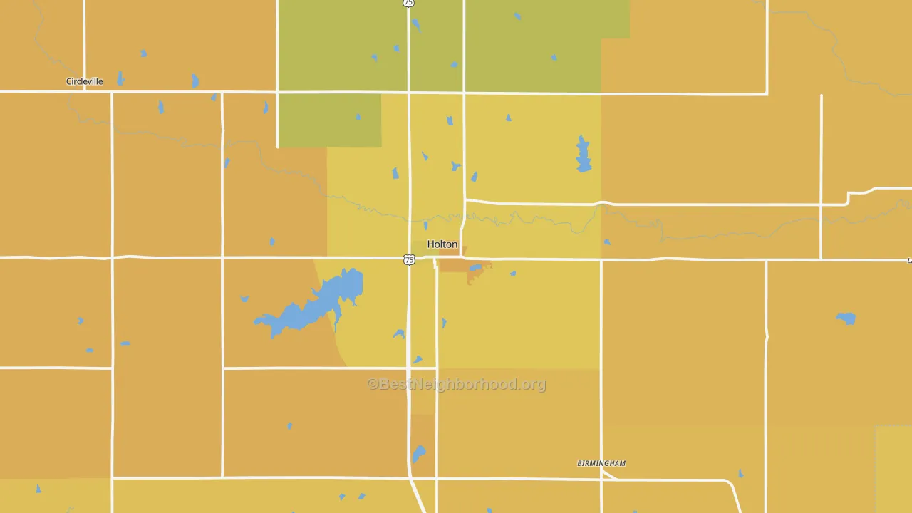 Map of the best neighborhoods in the 66436 area, with better matches in green and worse matches in red