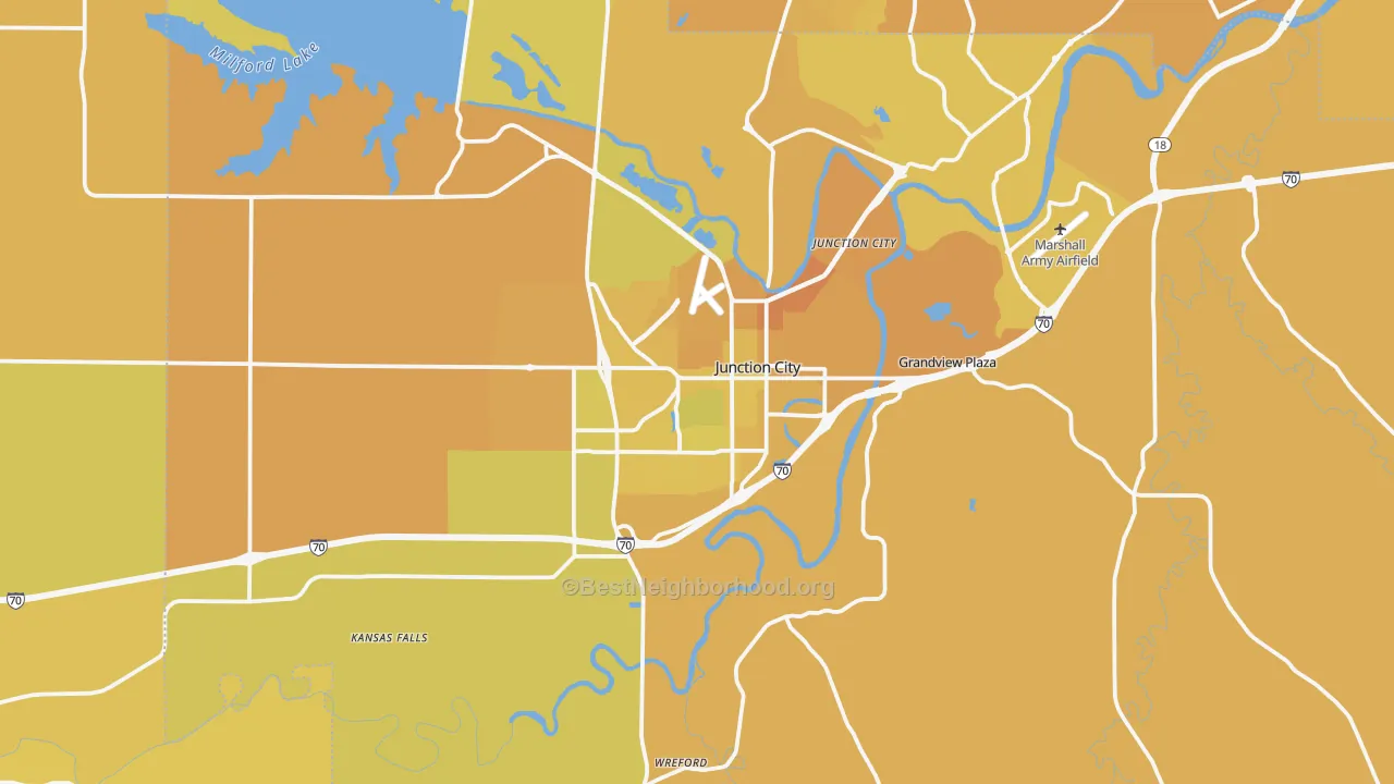 Map of the best neighborhoods in the 66441 area, with better matches in green and worse matches in red