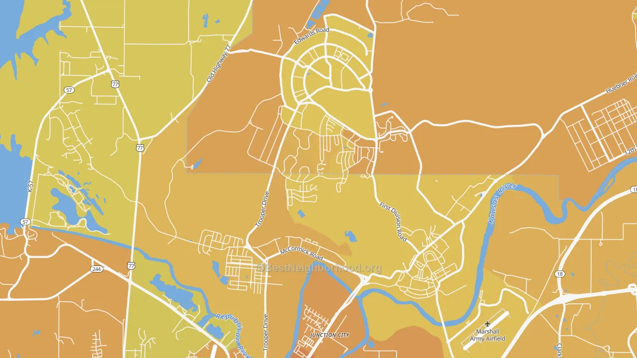 Map of the best neighborhoods in the 66442 area, with better matches in green and worse matches in red