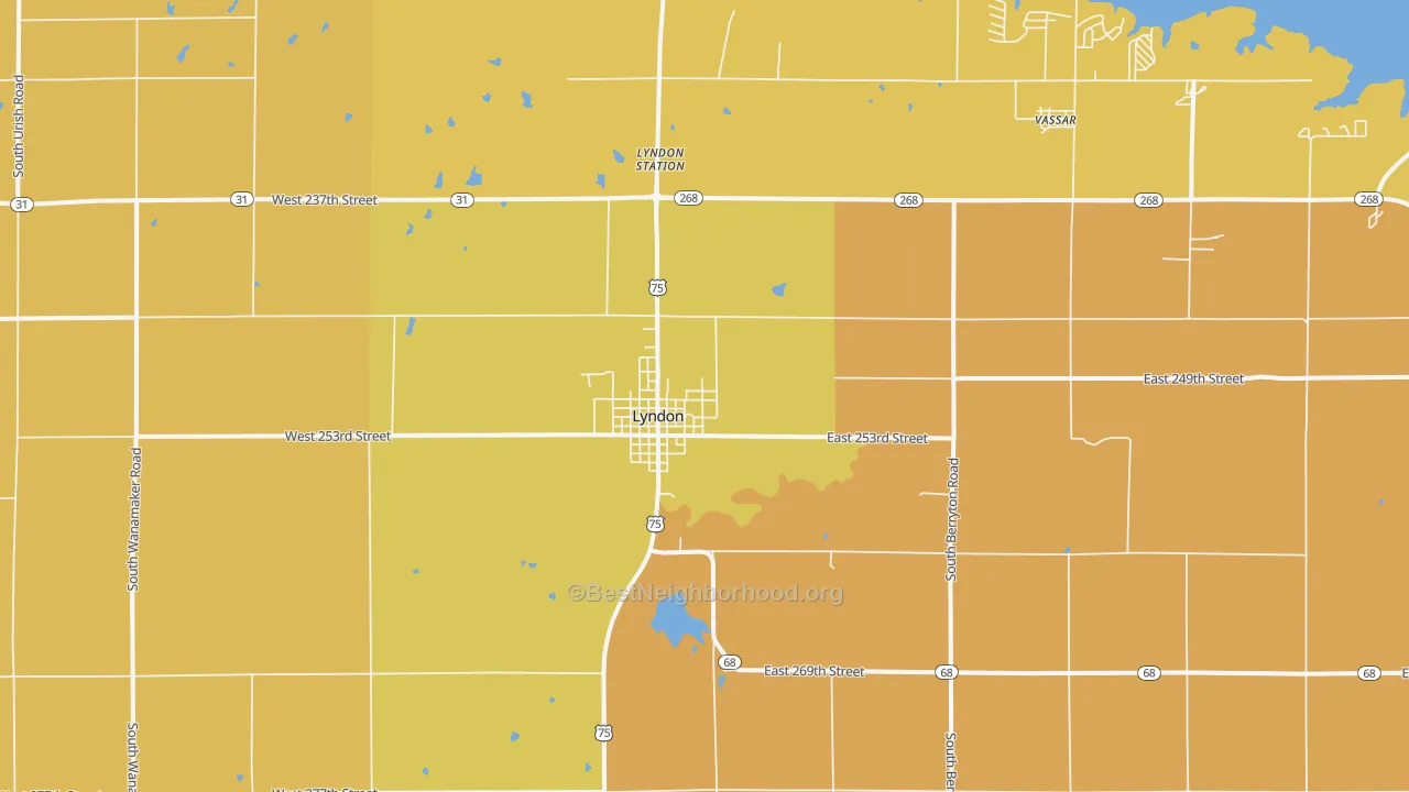 Map of the best neighborhoods in the 66451 area, with better matches in green and worse matches in red