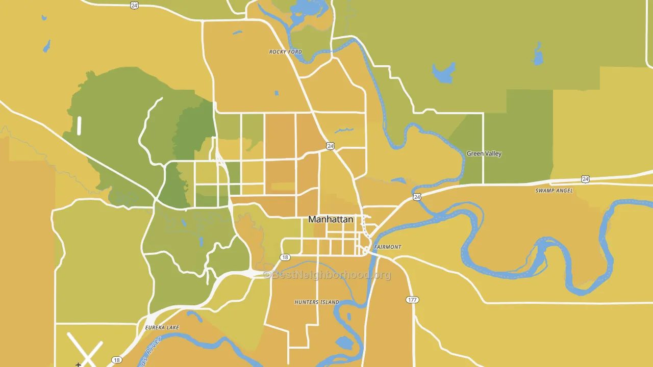 Map of the best neighborhoods in the 66502 area, with better matches in green and worse matches in red
