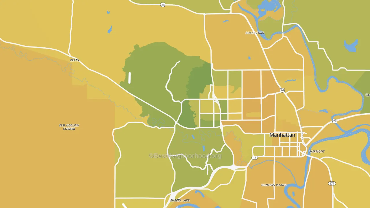 Map of the best neighborhoods in the 66503 area, with better matches in green and worse matches in red