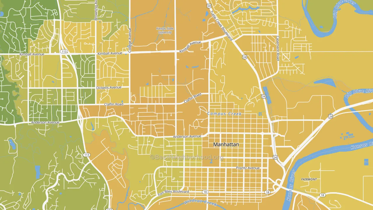 Map of the best neighborhoods in the 66506 area, with better matches in green and worse matches in red
