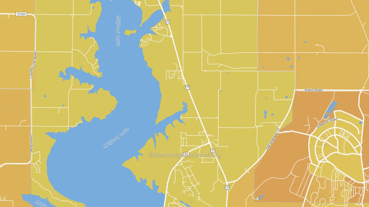 Map of the best neighborhoods in the 66514 area, with better matches in green and worse matches in red
