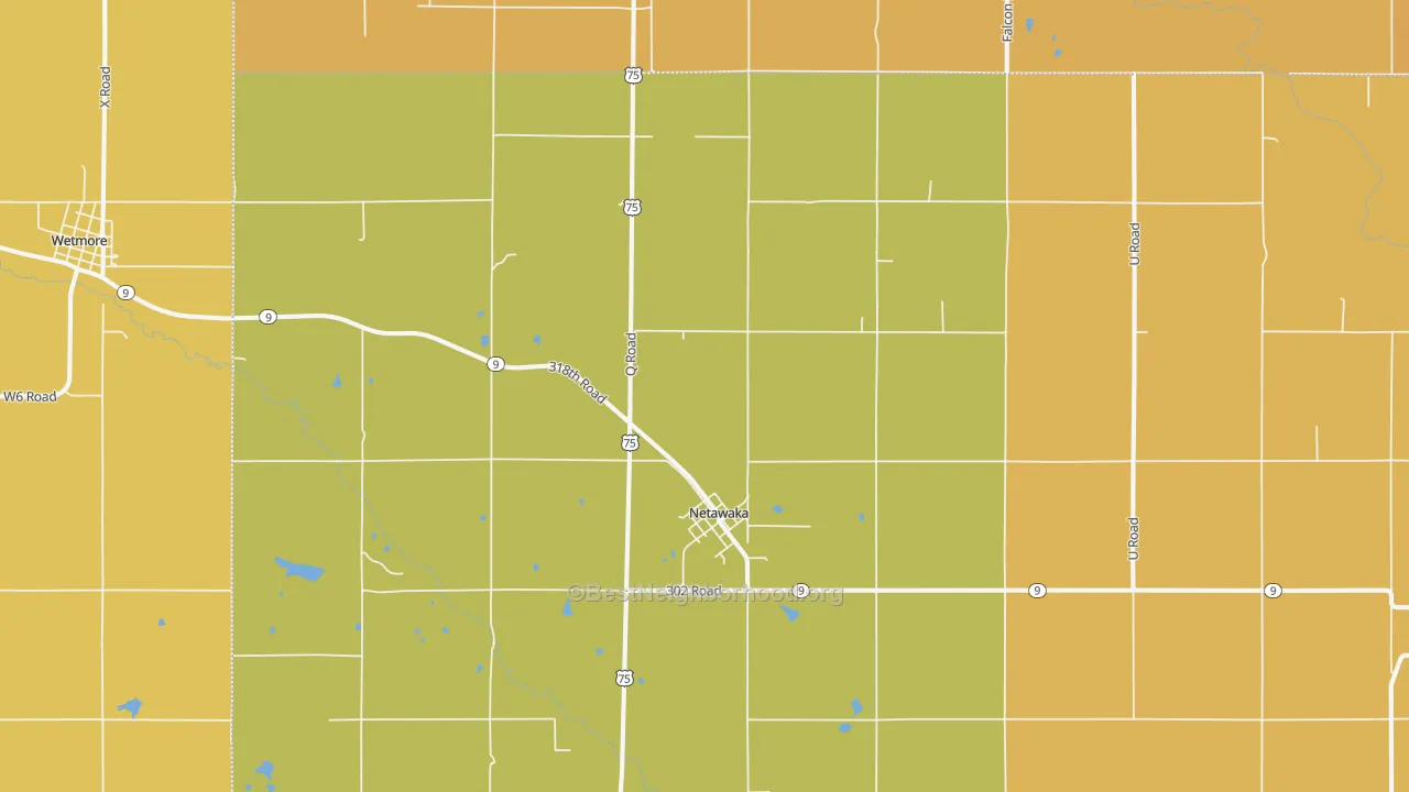 Map of the best neighborhoods in the 66516 area, with better matches in green and worse matches in red