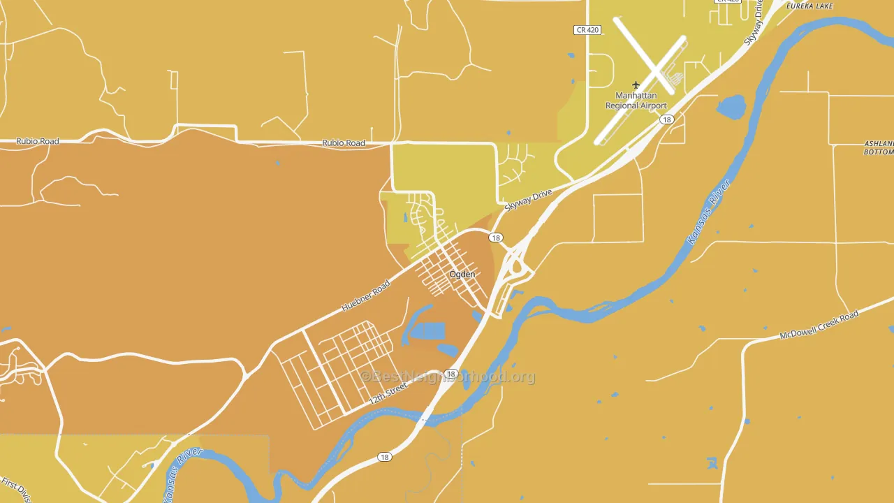 Map of the best neighborhoods in the 66517 area, with better matches in green and worse matches in red