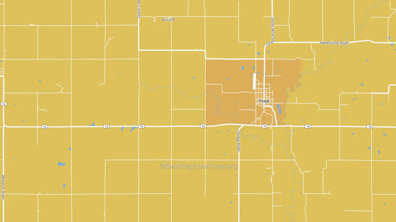 Map of the best neighborhoods in the 66521 area, with better matches in green and worse matches in red